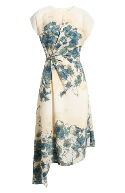 Maggy London Placed Floral Cap Sleeve Asymmetric Hem Midi Dress In Multi