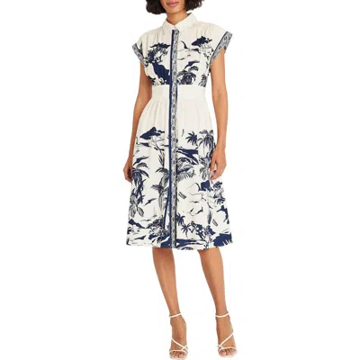 Maggy London Placed Print Stretch Cotton Midi Shirtdress In Blue