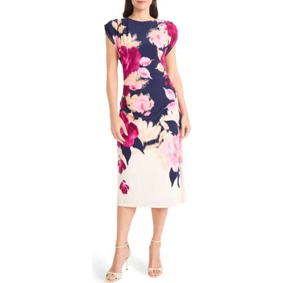 Maggy London Placement Print Cap Sleeve Midi Dress In Multi