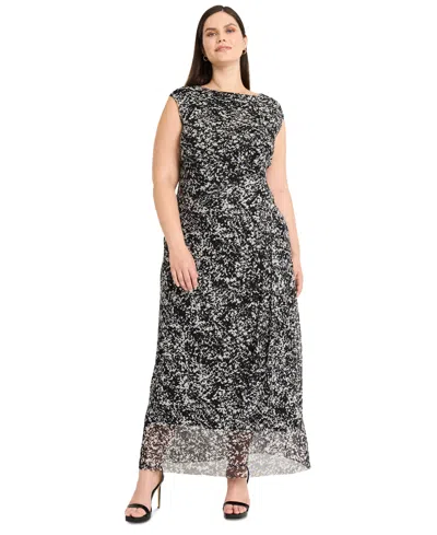 Maggy London Plus Size Abstract-print Side-draped Dress In Ivory,black
