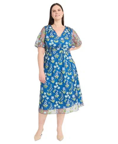 Maggy London Floral Embroidered Short Sleeve Midi Dress In Blue