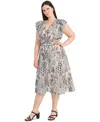 Maggy London Floral Flutter Sleeve Smock Waist Midi Dress In Black,ivory