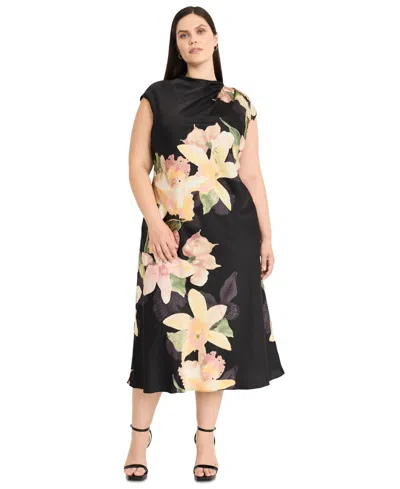 Maggy London Plus Size Floral Draped Midi Dress In Black,blush