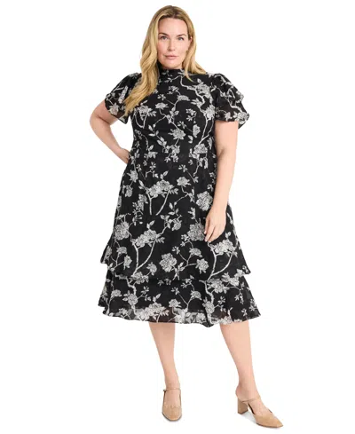 Maggy London Plus Size Floral Organza Midi Dress In Black,white
