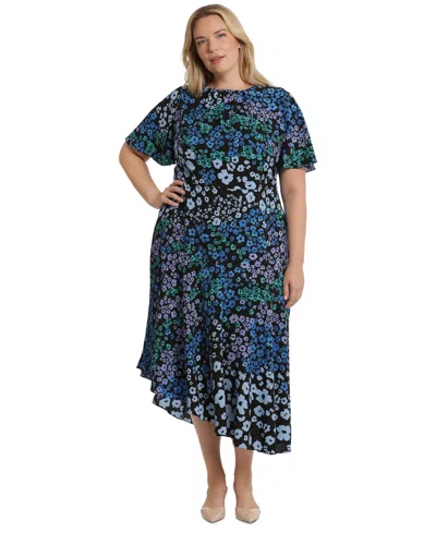 Maggy London Plus Size Floral-print Midi Dress In Black Blue
