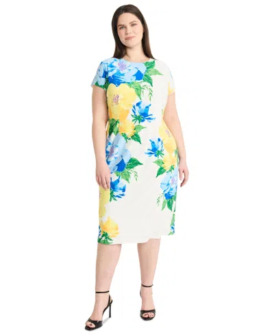 Maggy London Plus Size Floral-print Midi Dress In White,yellow