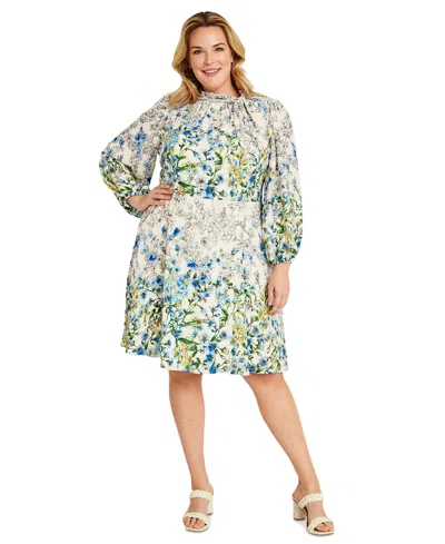 Maggy London Plus Size Floral-print Tie-neck Dress In Ivory Blue