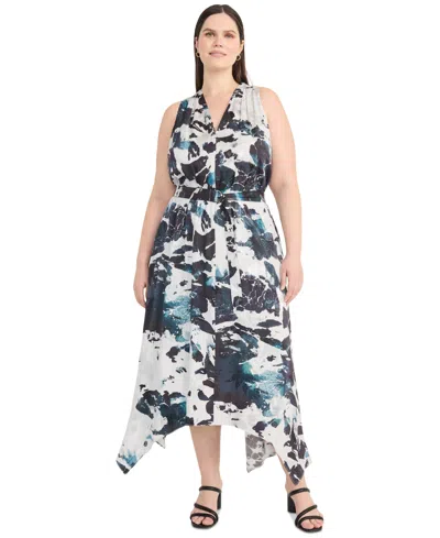 MAGGY LONDON PLUS SIZE PRINTED ASYMMETRICAL MIDI DRESS