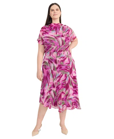 MAGGY LONDON PLUS SIZE PRINTED ASYMMETRICAL MIDI DRESS
