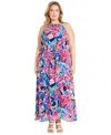 Maggy London Plus Size Printed Halter Maxi Dress In Soft White,raspberry