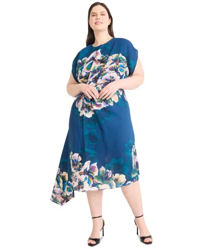 Maggy London Plus Size Printed Round-neck A-line Dress In Blue/lilac