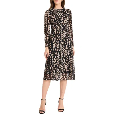Maggy London Print Long Sleeve A-line Dress In Blk,peach