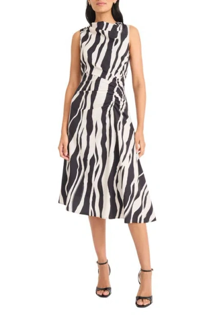 Maggy London Print Sleeveless Asymmetric Ruched Midi Dress In Black