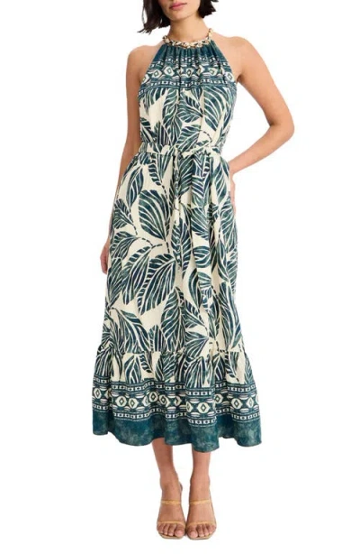 Maggy London Print Tie Back Sleeveless Midi Dress In Green