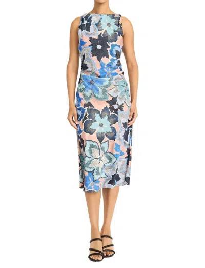 Maggy London Printed Charmuse Dress In Taupe/cobalt