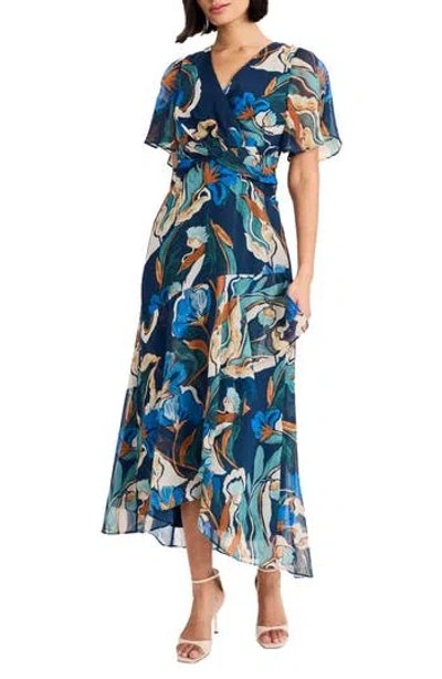 Maggy London Printed Chiffon Maxi Dress In Blue