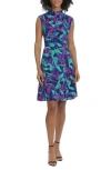 Maggy London Printed Funnel Neck Fit & Flare Dress In Deep Navy/vivid Violet