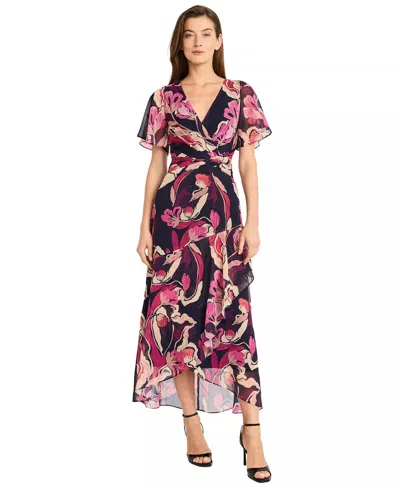 Maggy London Printed V-neck Midi Fit & Flare Dress In Floral Multi