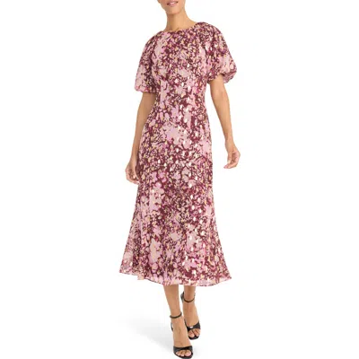 Maggy London Puff Sleeve Chiffon Midi Dress In Multi