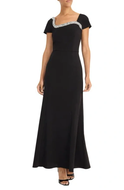 Maggy London Rhinestone Trim Short Sleeve Gown In Black