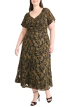 Maggy London Ruched Flutter Sleeve Midi Dress In Brown