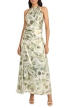 Maggy London Ruched Halter Neck Satin Gown In Multi