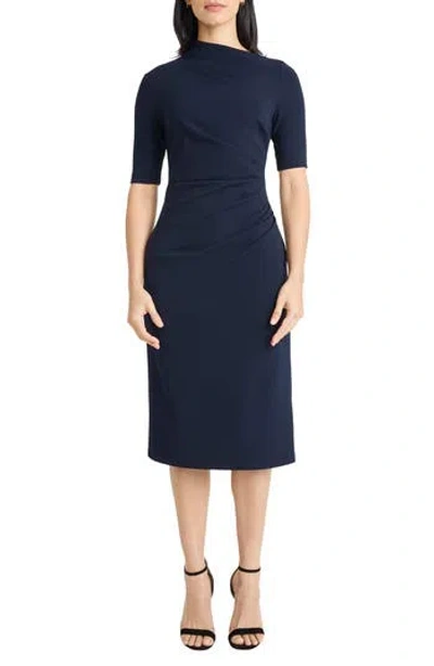 Maggy London Ruched Midi Sheath Dress In Blue