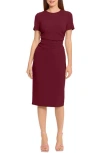 Maggy London Ruched Short Sleeve Midi Dress In Arresting Burgundy