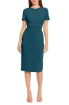 Maggy London Ruched Short Sleeve Midi Dress In Deep Lagoon