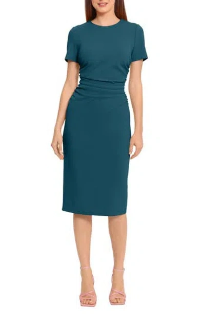 Maggy London Ruched Short Sleeve Midi Dress In Deep Lagoon