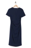 Maggy London Ruched Short Sleeve Midi Dress In Navy Blazer
