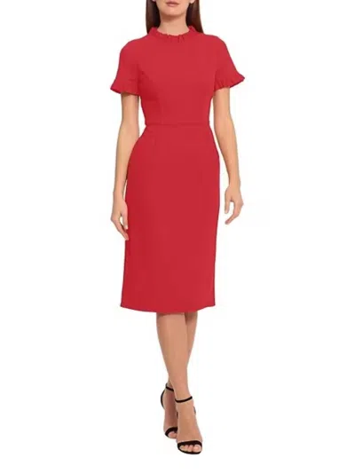 Maggy London Ruffle Mock Neck Midi Dress In Cherry Red In Multi