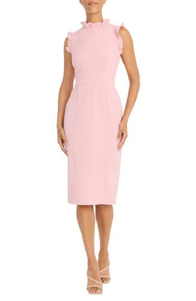 Maggy London Ruffle Mock Neck Sheath Dress In Shell Pink