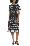 Maggy London Abstract Print Tiered Midi Dress In Black/ivory