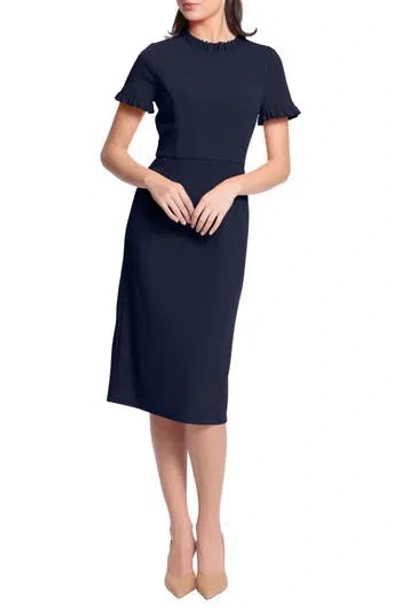 Maggy London Ruffle Short Sleeve Pocket Sheath Dress In Blue