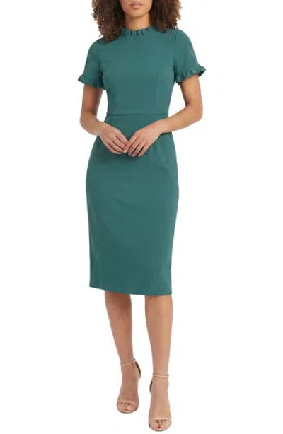 Maggy London Ruffle Short Sleeve Pocket Sheath Dress In Green