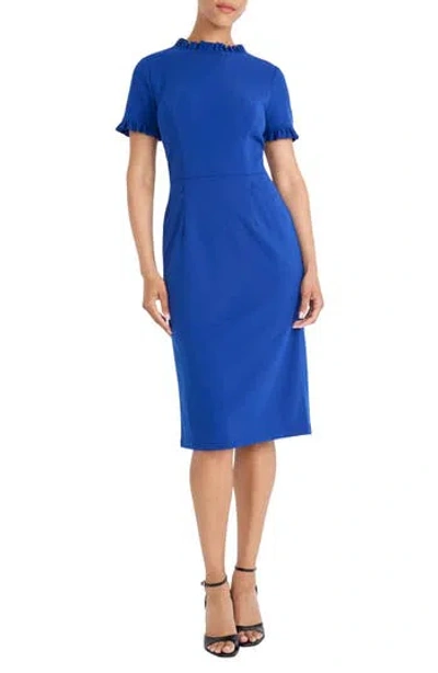 Maggy London Ruffle Short Sleeve Pocket Sheath Dress In Blue