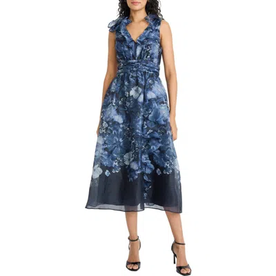 Maggy London Ruffle V-neck Organza Cocktail Dress In Blue