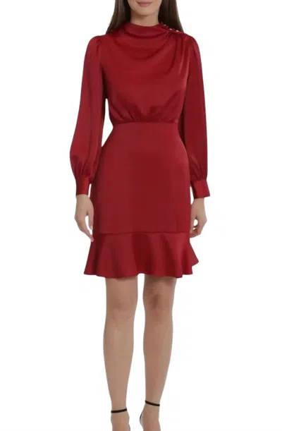 Maggy London Ruffled Above Knee Shift Dress In Merlot In Red