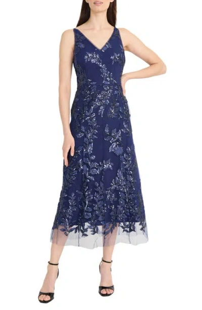 Maggy London Sequin & Embroidery A-line Dress In Navy