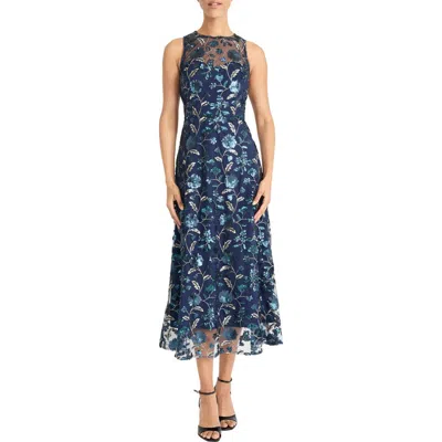 Maggy London Sequin Floral Fit & Flare Cocktail Dress In Navy/silver