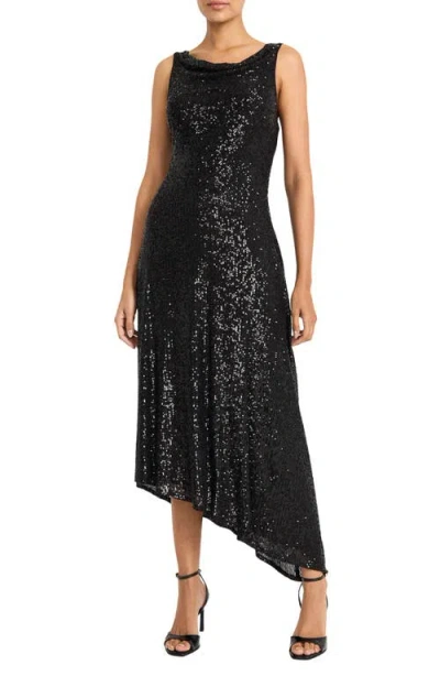 Maggy London Sequin Sleeveless Asymmetric Gown In Black