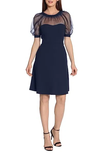Maggy London Short Sheer Puff Sleeve Dress In Twilight Navy In Red