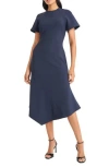 Maggy London Short Sleeve Asymmetric Hem Midi Dress In Blue