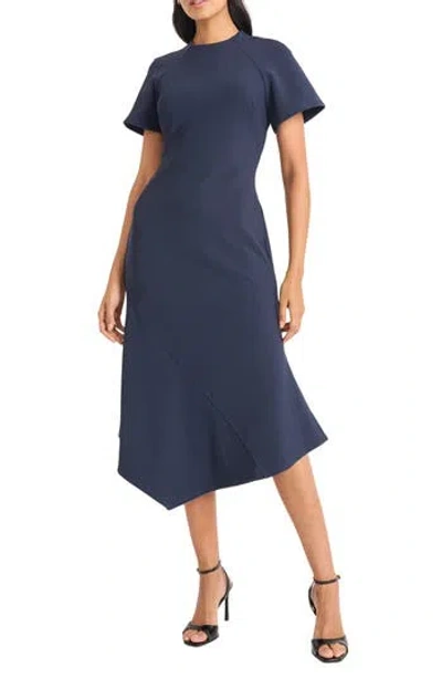 Maggy London Short Sleeve Asymmetric Hem Midi Dress In Blue