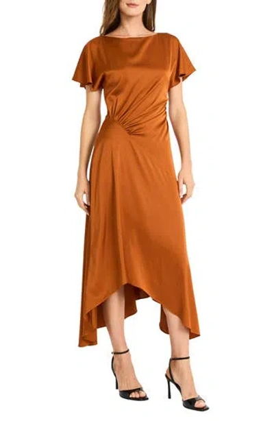 Maggy London Short Sleeve Asymmetric Hem Satin Midi Dress In Brown