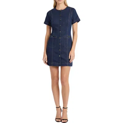 Maggy London Short Sleeve Button Front Denim Sheath Dress In Blue