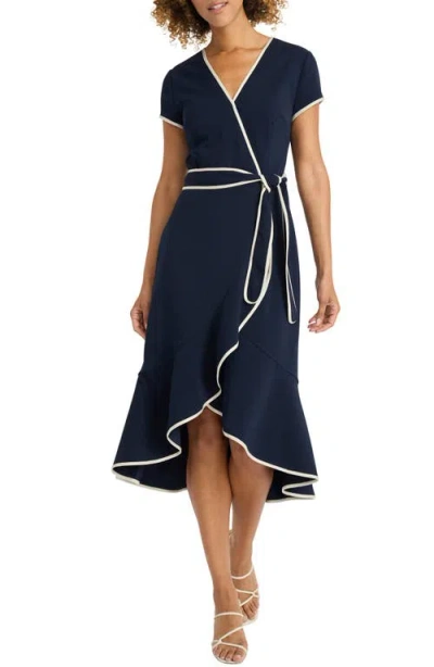 Maggy London Short Sleeve Faux Wrap Dress In Twilight Navy
