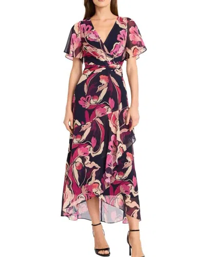 Maggy London Short Sleeve Maxi Dress In Navy With Florals In Apricot, Khaki And Pink In Black