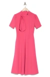 Maggy London Short Sleeve Necktie Midi Dress In Pink Flambe